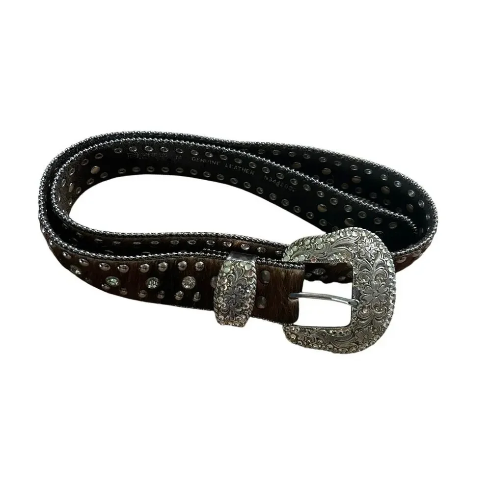 Nocona Western Studded Rhinestone Calf Hair Leather Belt Cowgirl Rodeo FestivalM - Picture 1 of 10